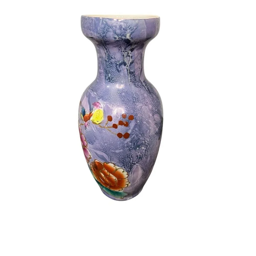 Purple Blue Cloisonne Vase with Pink/Red/Blue Flowers Bird 10